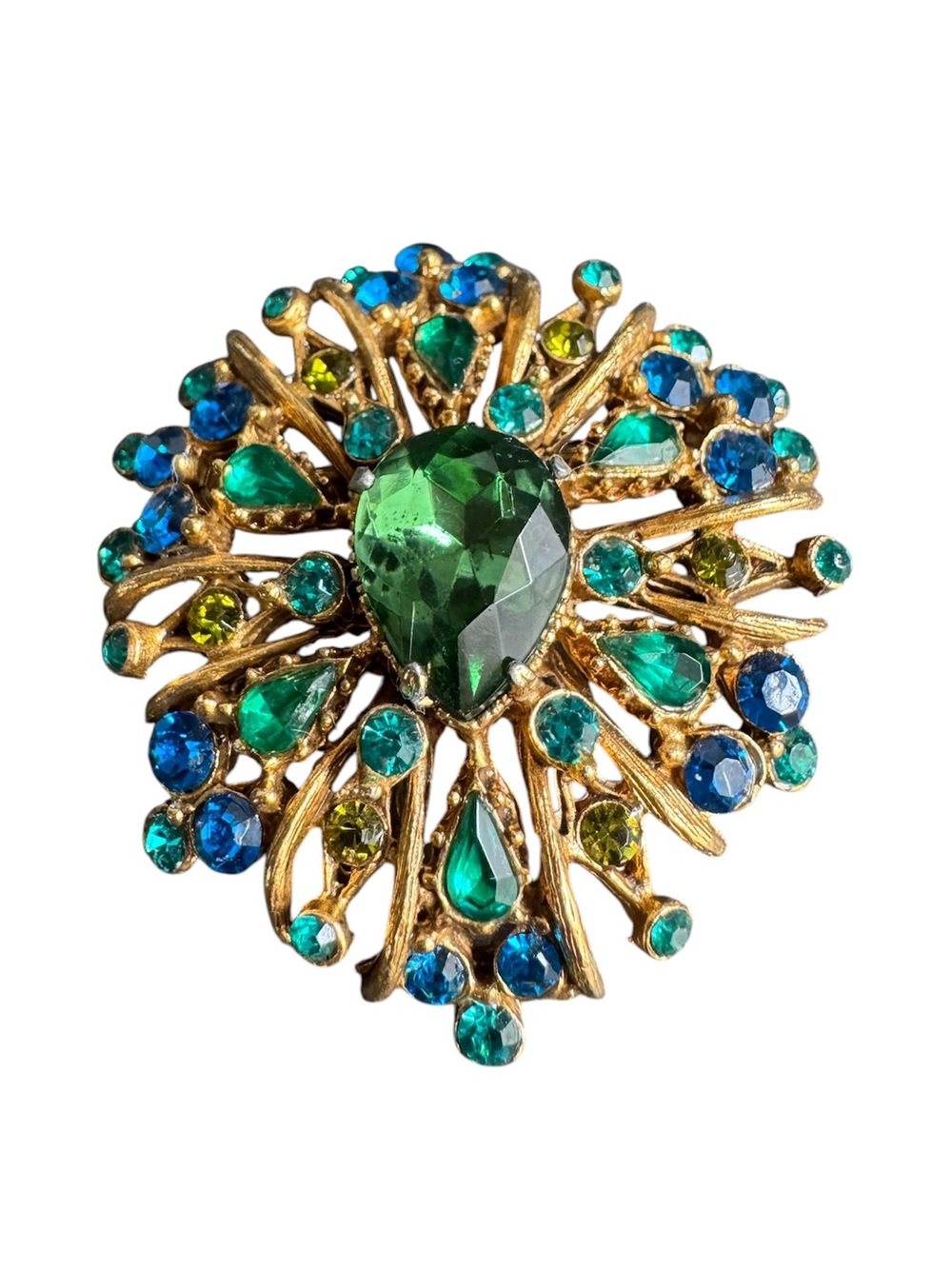 Vintage Green Blue Rhinestone Brooch Pear Crystal Gold‎ Tone Pin 60s Retro